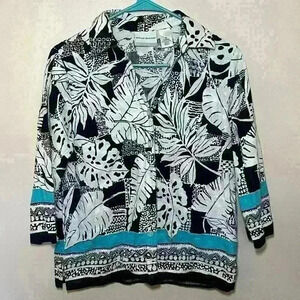 Alfred Dunner 8P Button Up Shirt Leaf Print Black, White, Teal Trim Long Sleeve